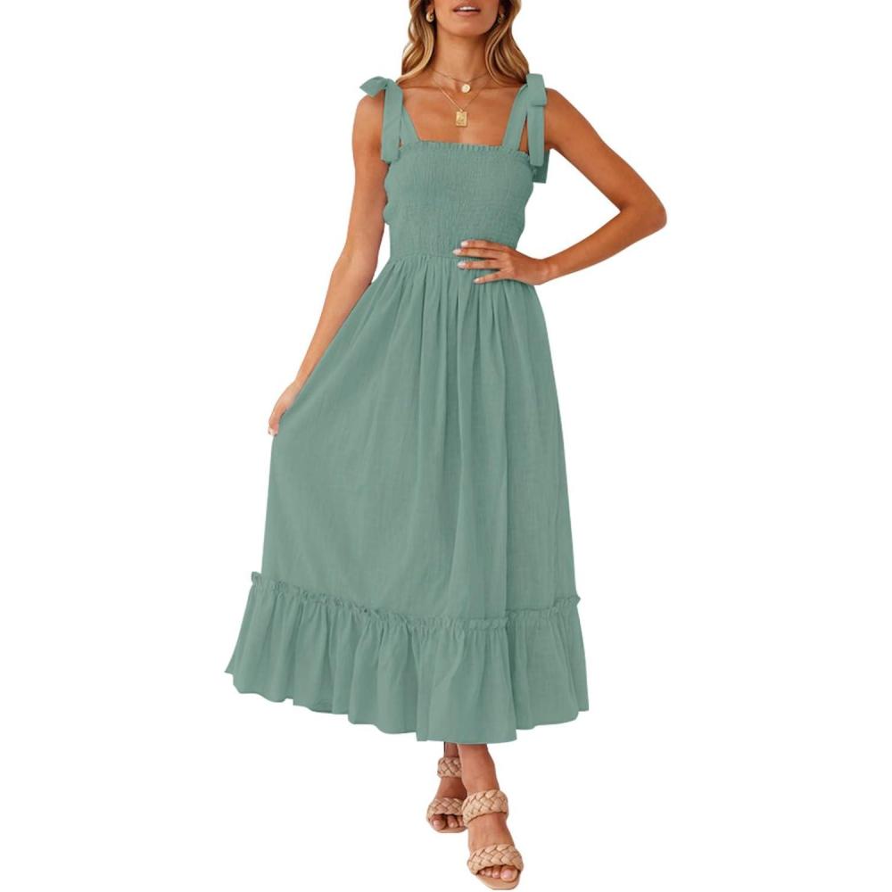 imageZESICA Womens 2026 Summer Boho Spaghetti Strap Square Neck Solid Color Ruffle A Line Beach Long Maxi DressGreen