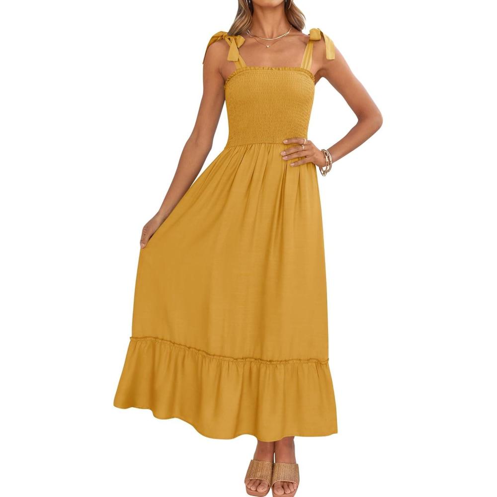 imageZESICA Womens 2026 Summer Boho Spaghetti Strap Square Neck Solid Color Ruffle A Line Beach Long Maxi DressMustard
