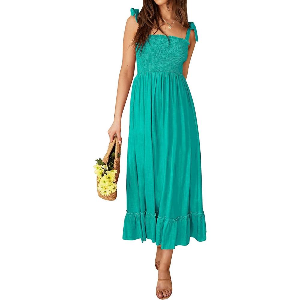 imageZESICA Womens 2026 Summer Boho Spaghetti Strap Square Neck Solid Color Ruffle A Line Beach Long Maxi DressPeacock