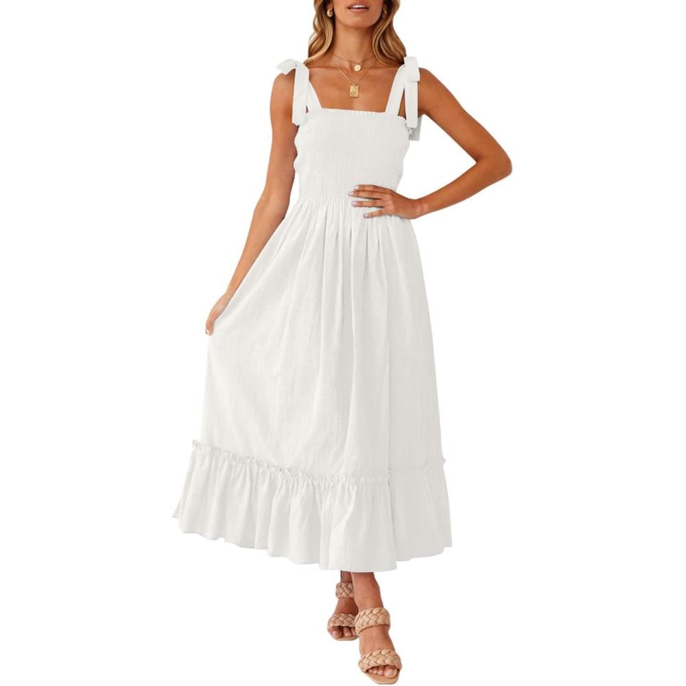 imageZESICA Womens 2026 Summer Boho Spaghetti Strap Square Neck Solid Color Ruffle A Line Beach Long Maxi DressWhite
