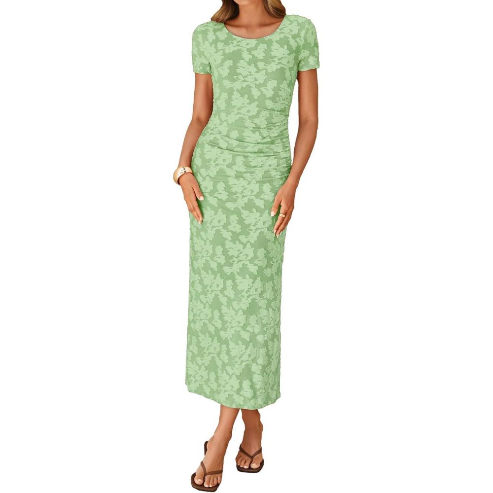 imageZESICA Womens 2026 Summer Floral Bodycon Dress Short Sleeve Ruched Mesh Wedding Guest Cocktail Party Midi DressesGreen