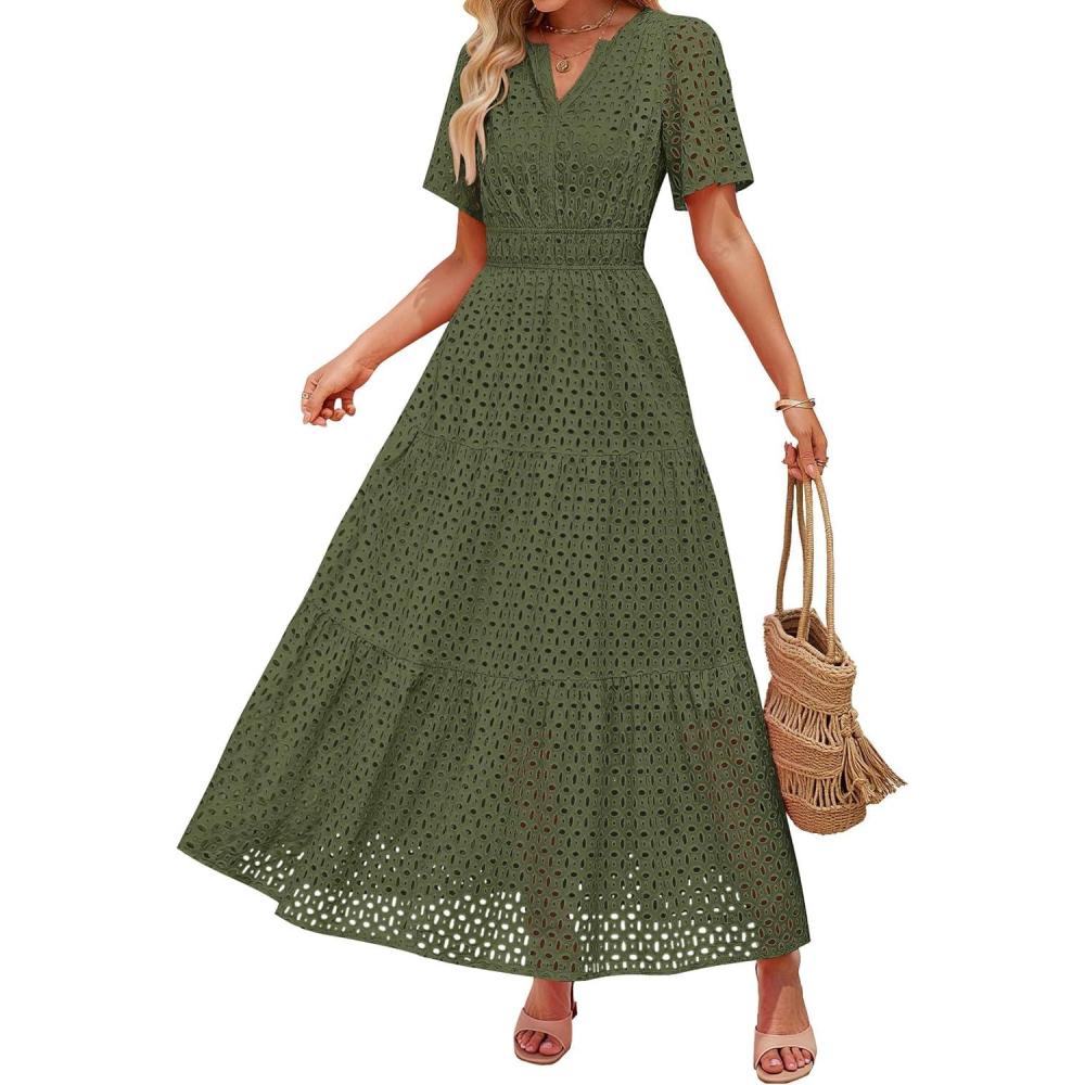 imageZESICA Womens 2026 Summer Short Sleeve Maxi Dress Casual V Neck Hollow Out Eyelet Ruffle Swing A Line Long DressesArmy Green