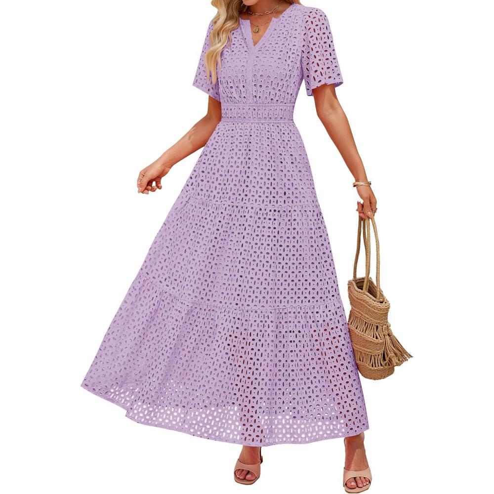 imageZESICA Womens 2026 Summer Short Sleeve Maxi Dress Casual V Neck Hollow Out Eyelet Ruffle Swing A Line Long DressesLight Purple