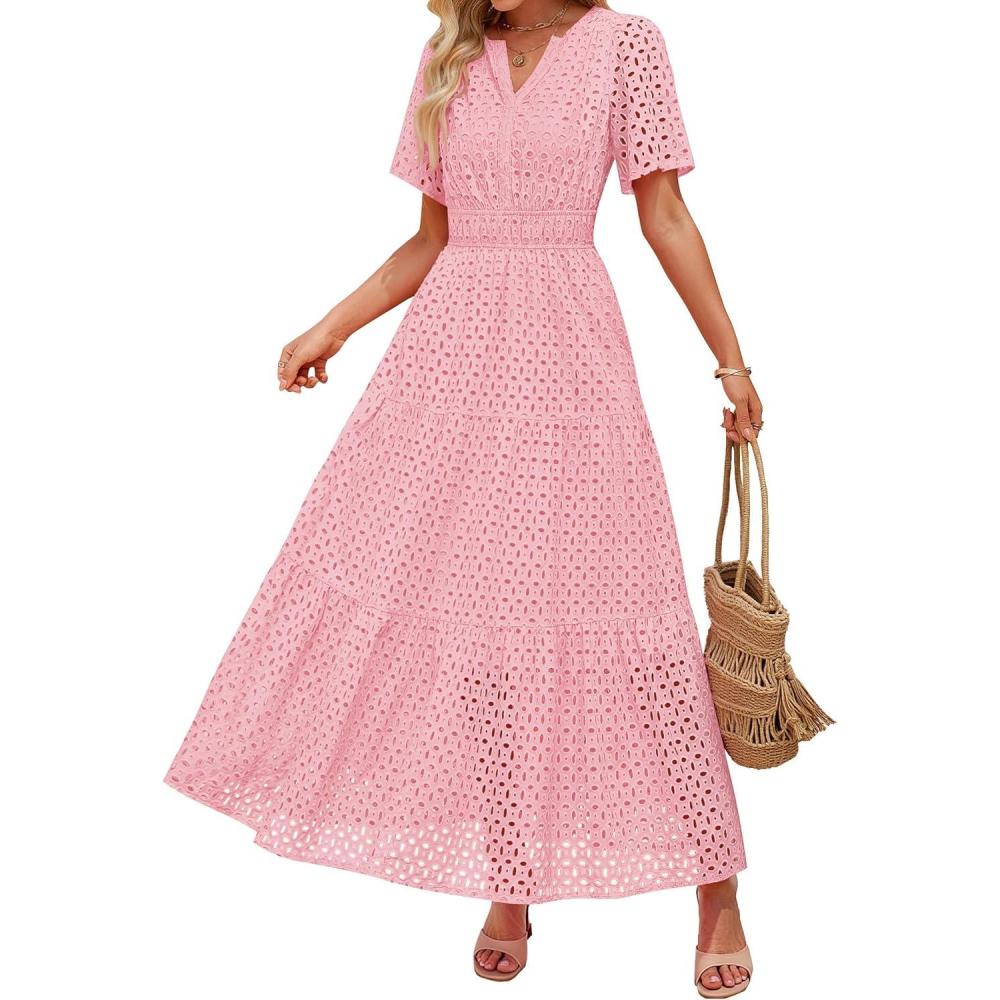 imageZESICA Womens 2026 Summer Short Sleeve Maxi Dress Casual V Neck Hollow Out Eyelet Ruffle Swing A Line Long DressesPink