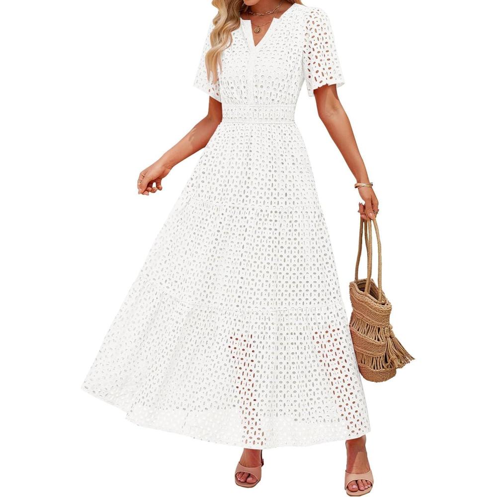 imageZESICA Womens 2026 Summer Short Sleeve Maxi Dress Casual V Neck Hollow Out Eyelet Ruffle Swing A Line Long DressesWhite