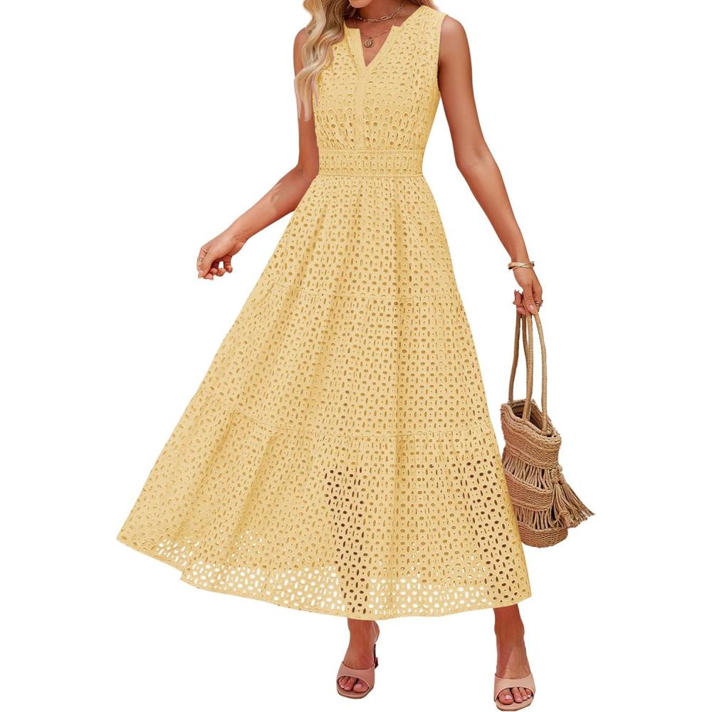 imageZESICA Womens 2026 Summer Sleeveless Maxi Dress Casual V Neck Hollow Out Eyelet A Line Flowy Party Long DressesLightyellow