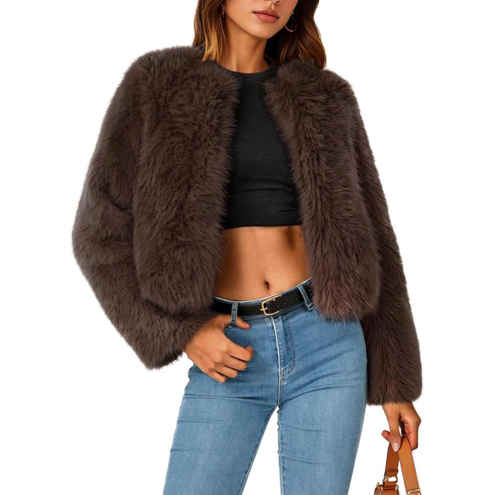 imageZESICA Womens 2026 Winter Faux Fur Coats Fluffy Cropped Jacket Long Sleeve Shaggy Outerwear Fall Clothes with PocketsBrown