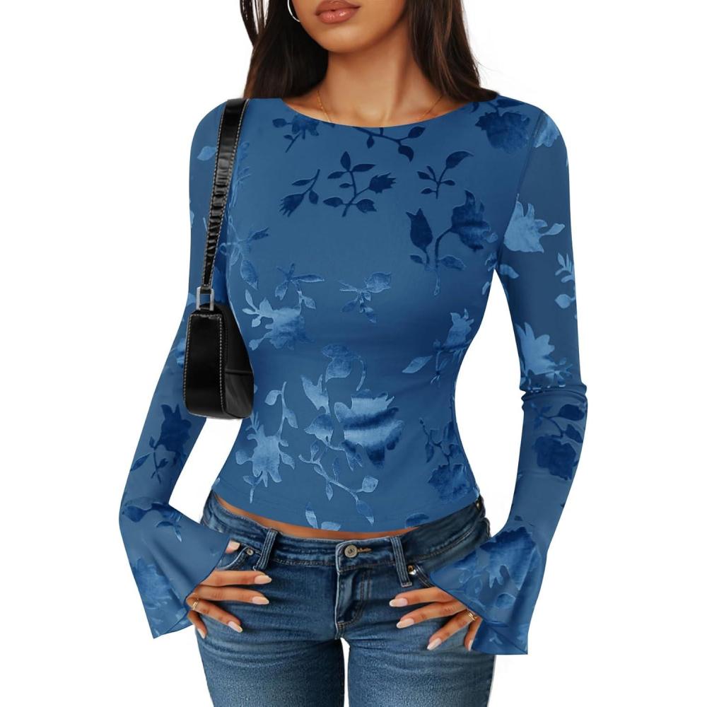imageZESICA Womens Bell Long Sleeve Going Out Tops 2026 Spring Trendy Mesh Floral Fitted Shirts Cute Date Y2k Top OutfitsDarkblue