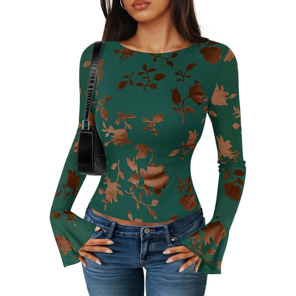 imageZESICA Womens Bell Long Sleeve Going Out Tops 2026 Spring Trendy Mesh Floral Fitted Shirts Cute Date Y2k Top OutfitsDarkgreen