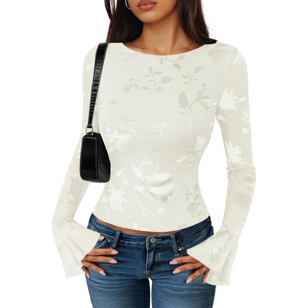 imageZESICA Womens Bell Long Sleeve Going Out Tops 2026 Spring Trendy Mesh Floral Fitted Shirts Cute Date Y2k Top OutfitsWhite