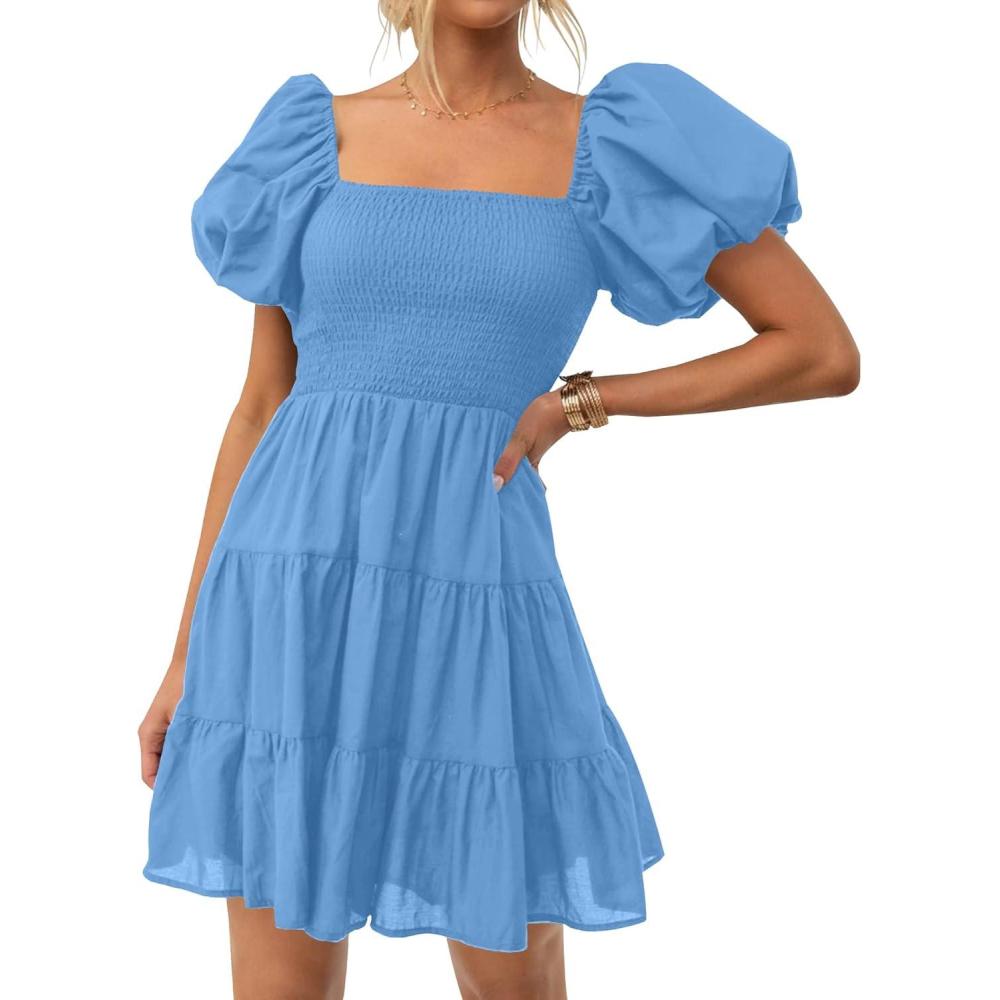 imageZESICA Womens Boho 2026 Summer Square Neck Puff Sleeve Off Shoulder Smocked Tiered Casual A Line Short Mini DressBlue