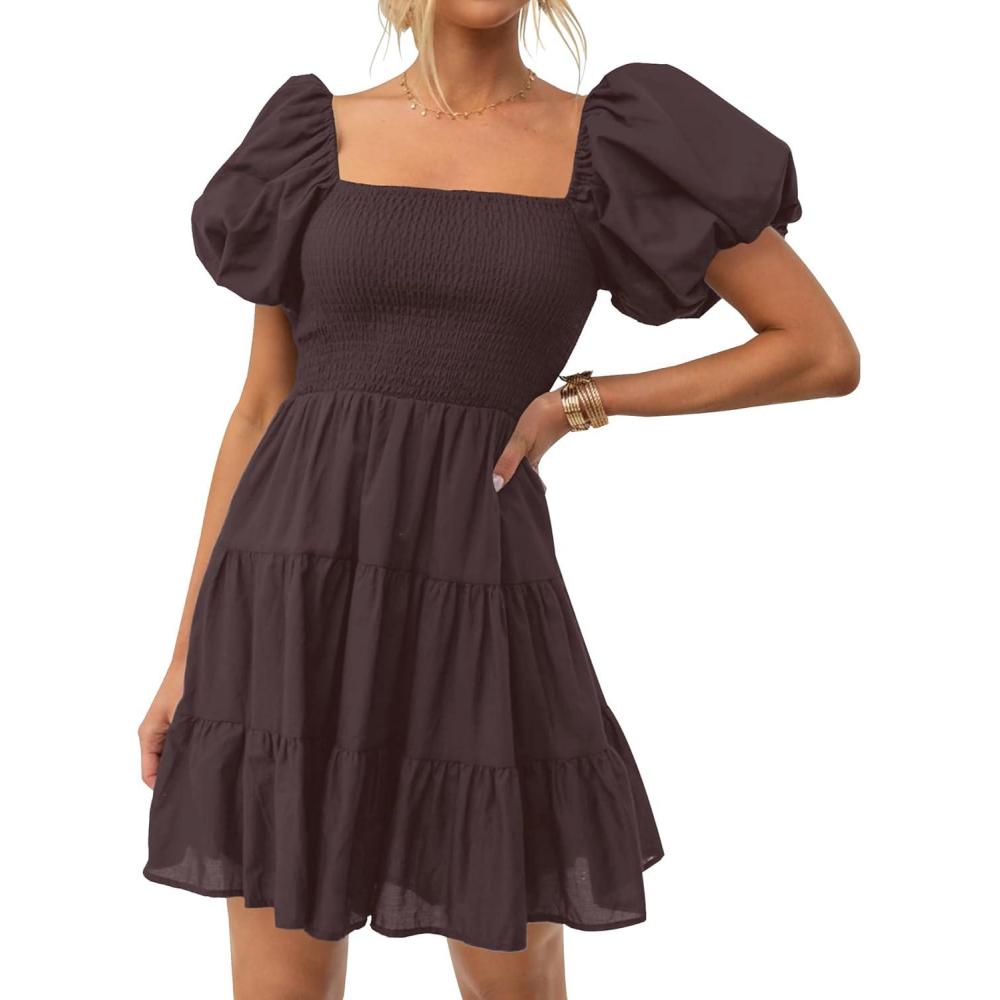 imageZESICA Womens Boho 2026 Summer Square Neck Puff Sleeve Off Shoulder Smocked Tiered Casual A Line Short Mini DressCoffee