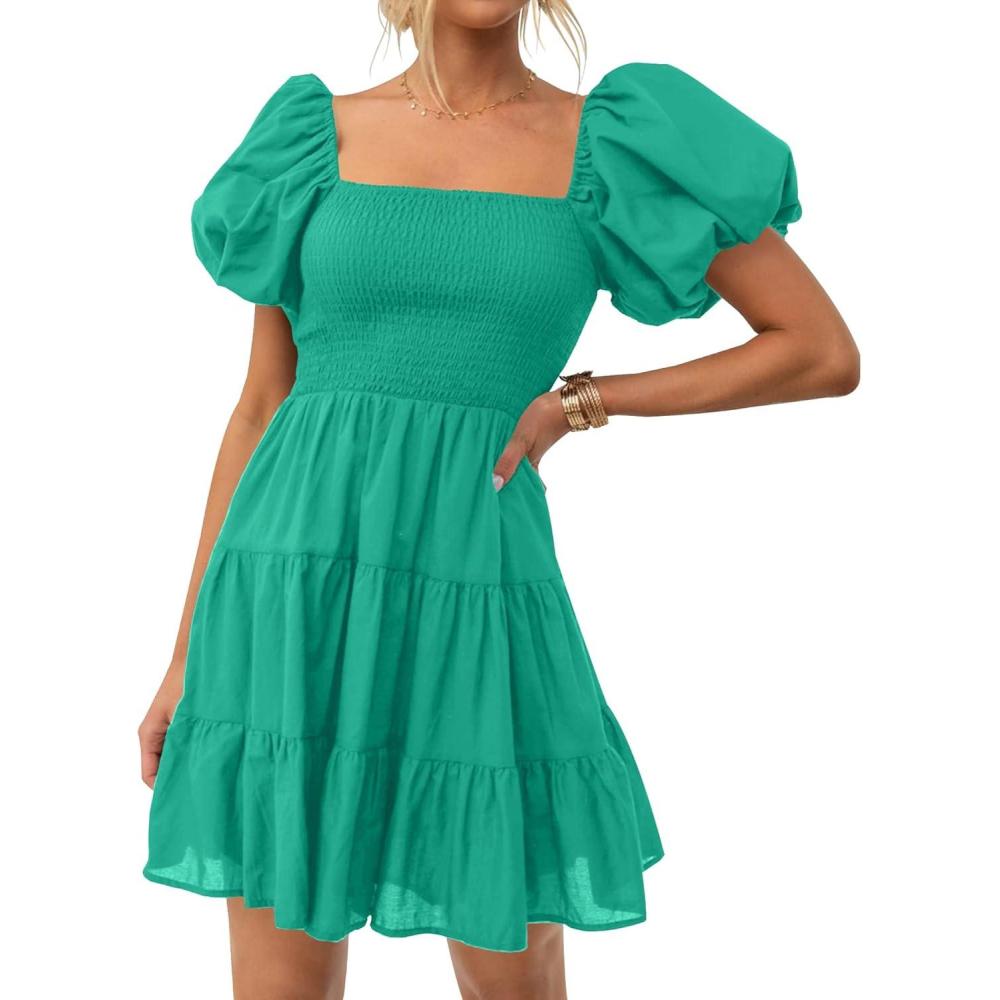 imageZESICA Womens Boho 2026 Summer Square Neck Puff Sleeve Off Shoulder Smocked Tiered Casual A Line Short Mini DressGreen