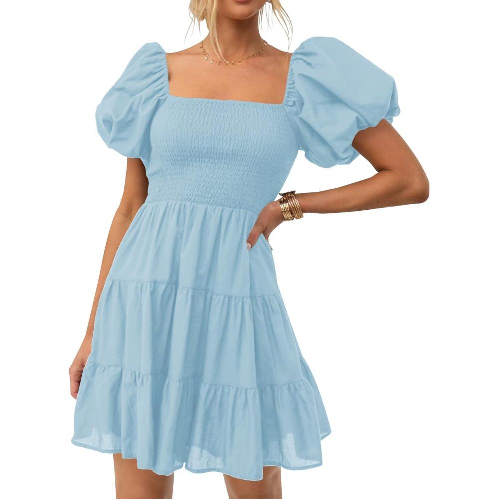 imageZESICA Womens Boho 2026 Summer Square Neck Puff Sleeve Off Shoulder Smocked Tiered Casual A Line Short Mini DressLightblue