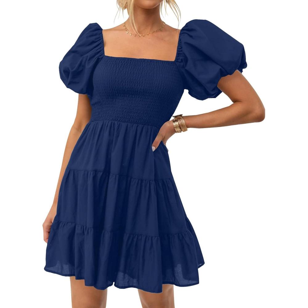 imageZESICA Womens Boho 2026 Summer Square Neck Puff Sleeve Off Shoulder Smocked Tiered Casual A Line Short Mini DressNavy