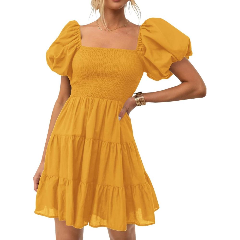 imageZESICA Womens Boho 2026 Summer Square Neck Puff Sleeve Off Shoulder Smocked Tiered Casual A Line Short Mini DressYellow