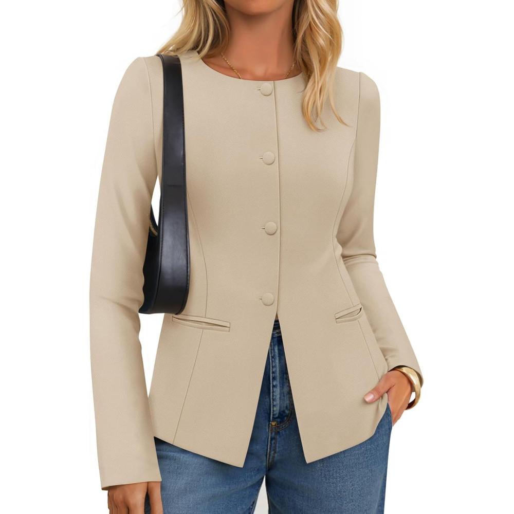 imageZESICA Womens Business Casual Blazers Fall Long Sleeve Button Suit Jackets Office Work Outfits Fitted Blazer Clothes 2026Khaki