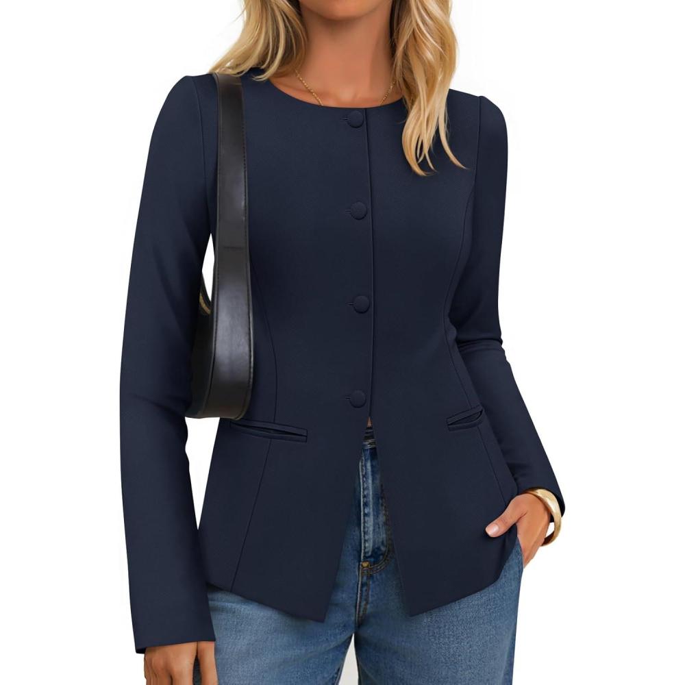 imageZESICA Womens Business Casual Blazers Fall Long Sleeve Button Suit Jackets Office Work Outfits Fitted Blazer Clothes 2026Navy