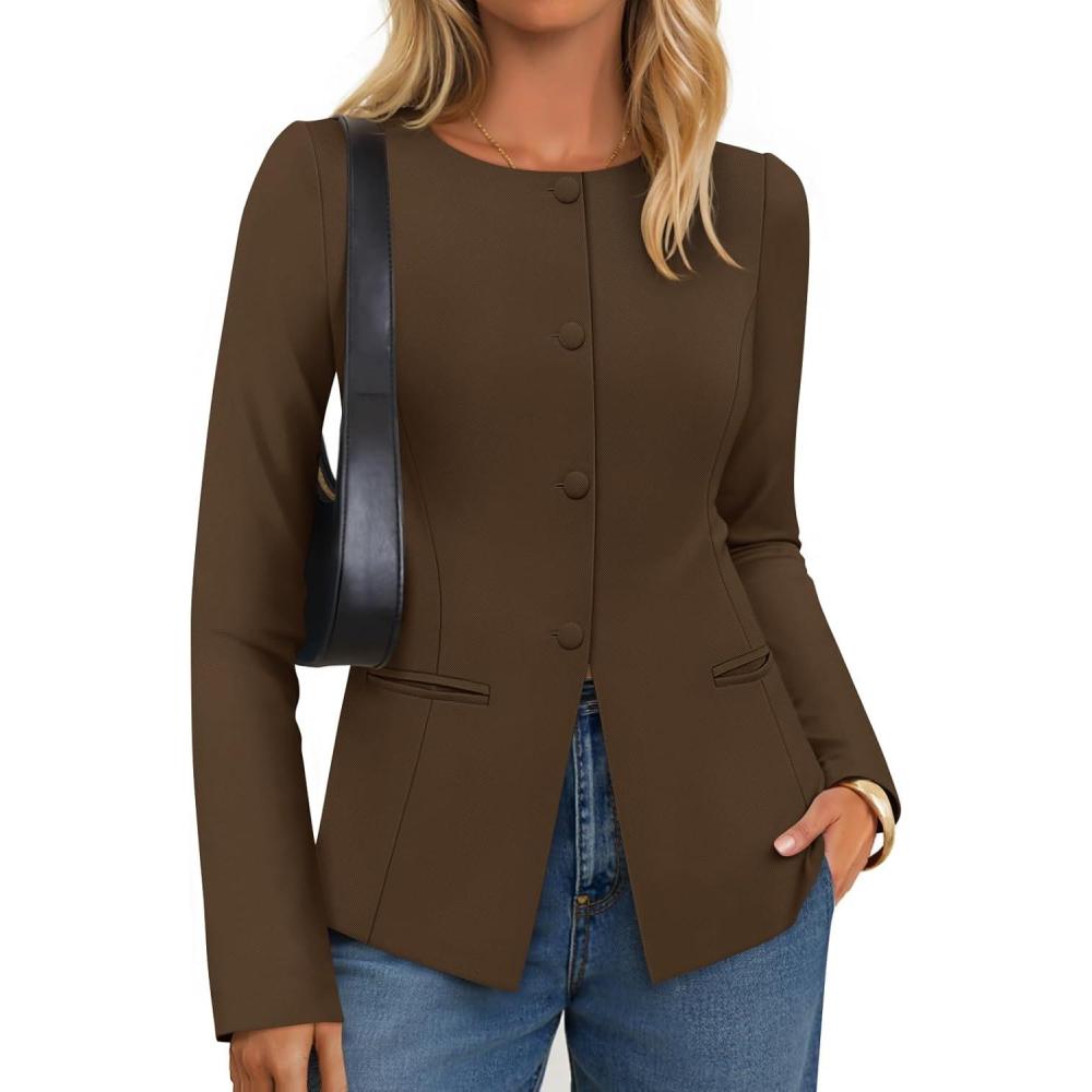 imageZESICA Womens Business Casual Blazers Fall Long Sleeve Button Suit Jackets Office Work Outfits Fitted Blazer Clothes 2026Tanbrown