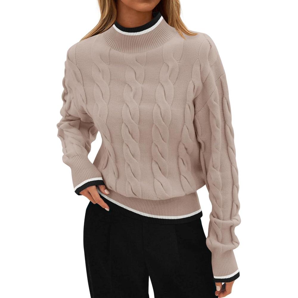 imageZESICA Womens Casual Long Sleeve Mock Neck Cable Knit Contrast Color Fall 2026 Winter Chunky Pullover SweaterAlmond