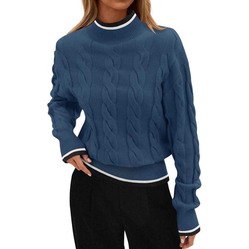 imageZESICA Womens Casual Long Sleeve Mock Neck Cable Knit Contrast Color Fall 2026 Winter Chunky Pullover SweaterDusty Blue