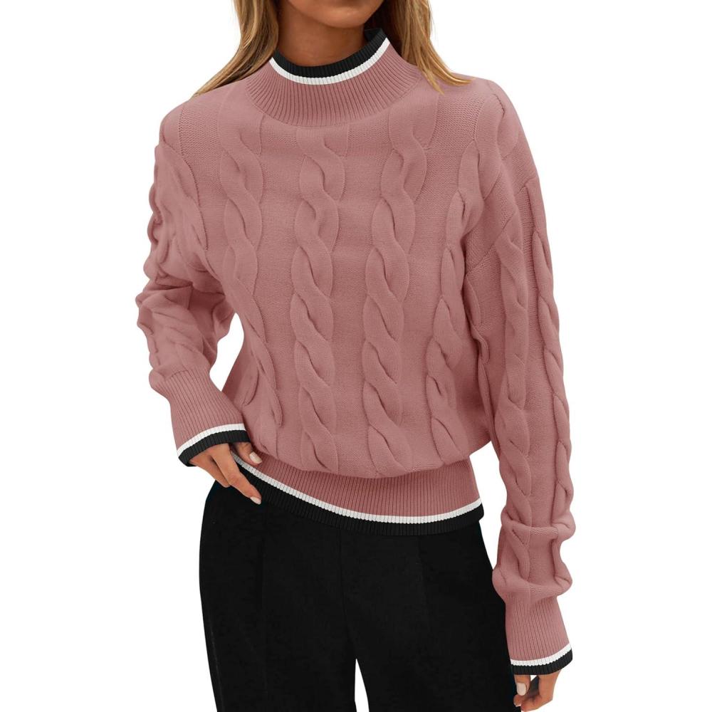 imageZESICA Womens Casual Long Sleeve Mock Neck Cable Knit Contrast Color Fall 2026 Winter Chunky Pullover SweaterDusty Pink