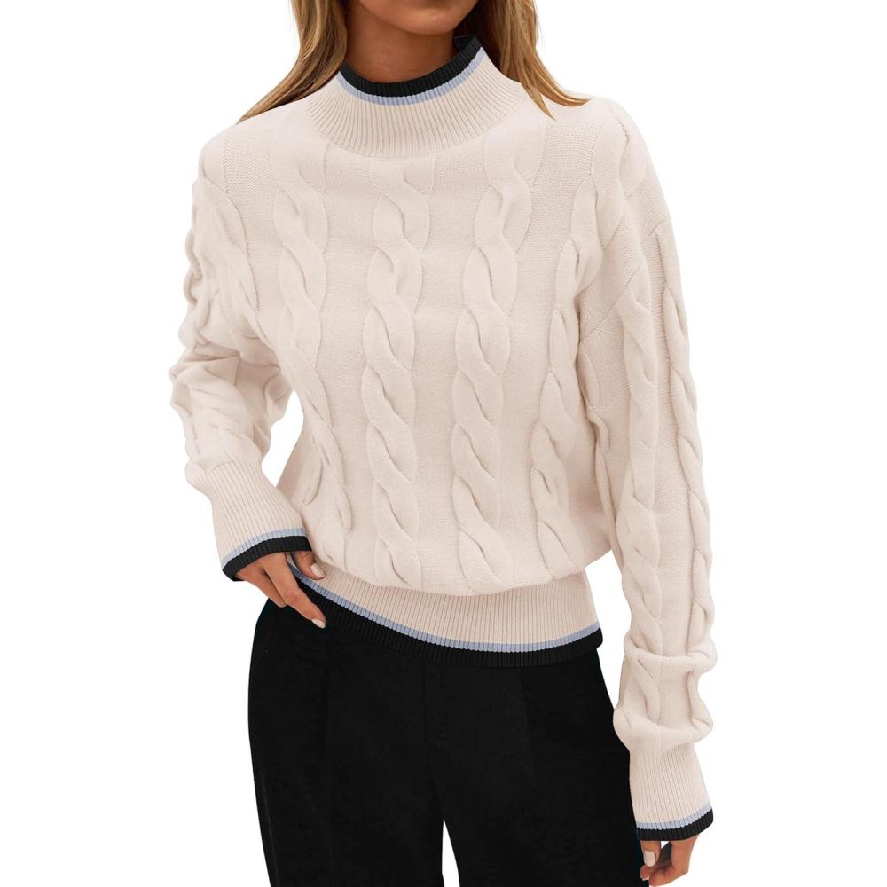 imageZESICA Womens Casual Long Sleeve Mock Neck Cable Knit Contrast Color Fall 2026 Winter Chunky Pullover SweaterIvory