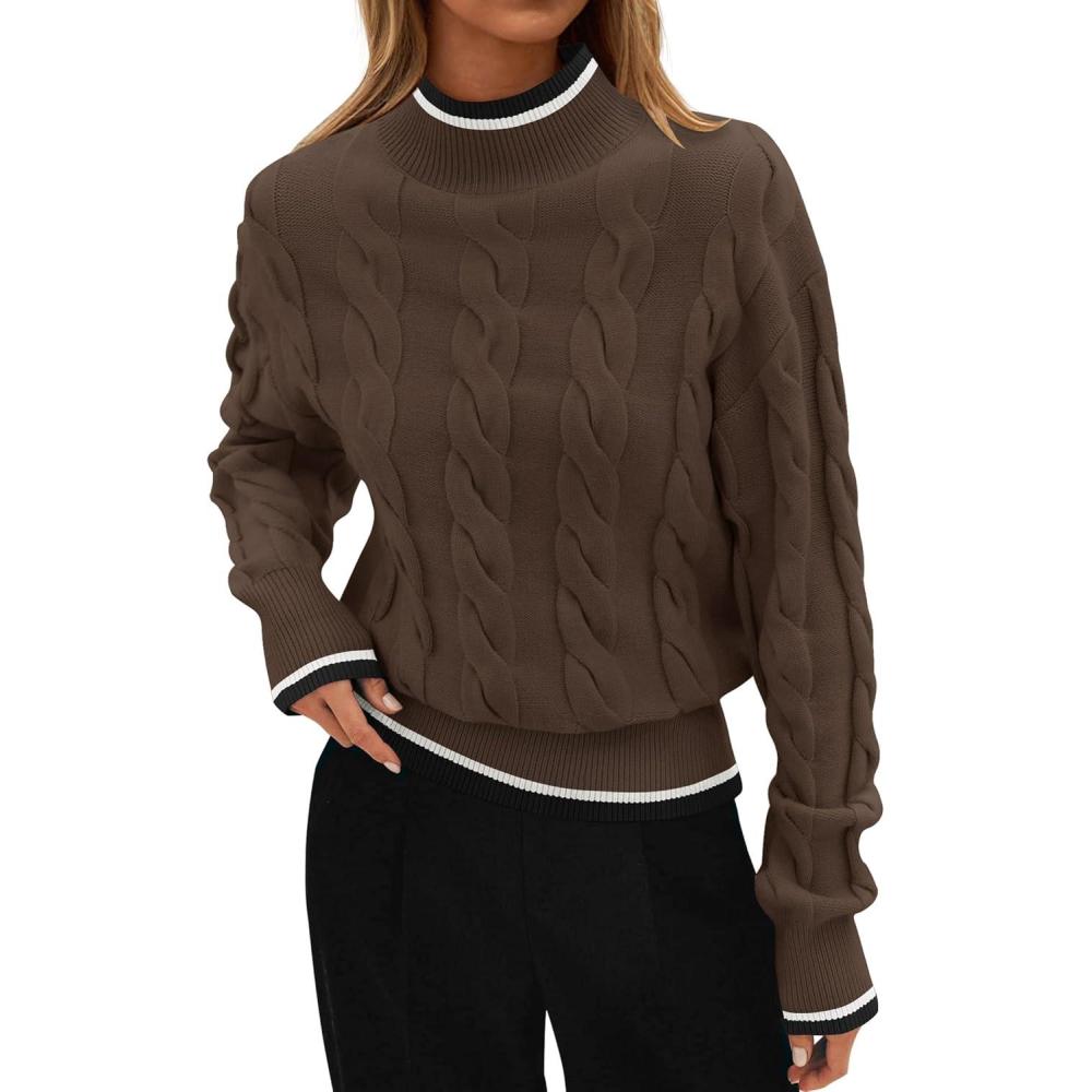 imageZESICA Womens Casual Long Sleeve Mock Neck Cable Knit Contrast Color Fall 2026 Winter Chunky Pullover SweaterMocha