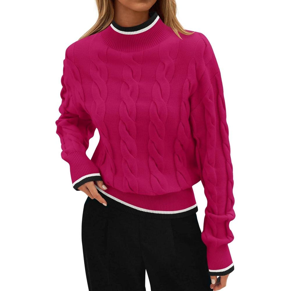 imageZESICA Womens Casual Long Sleeve Mock Neck Cable Knit Contrast Color Fall 2026 Winter Chunky Pullover SweaterRose