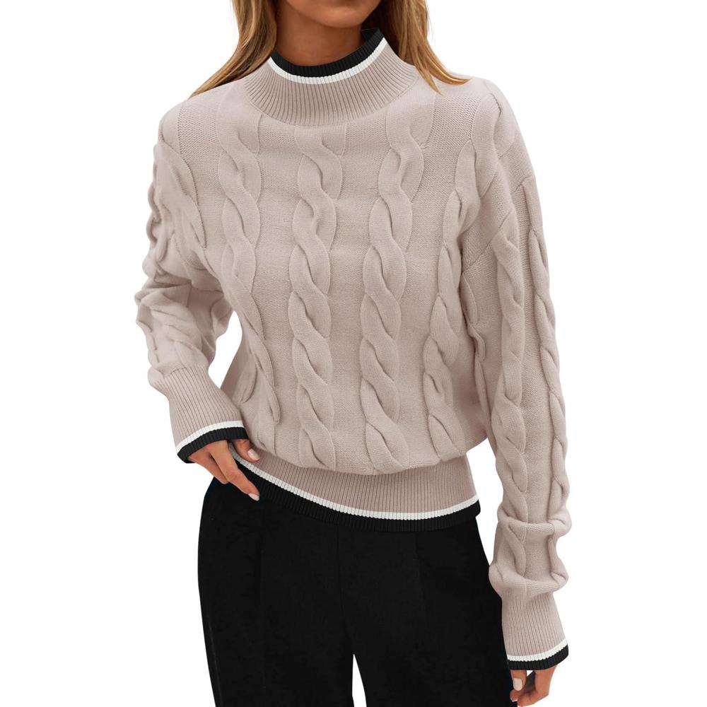 imageZESICA Womens Casual Long Sleeve Mock Neck Cable Knit Contrast Color Fall 2026 Winter Chunky Pullover SweaterSand