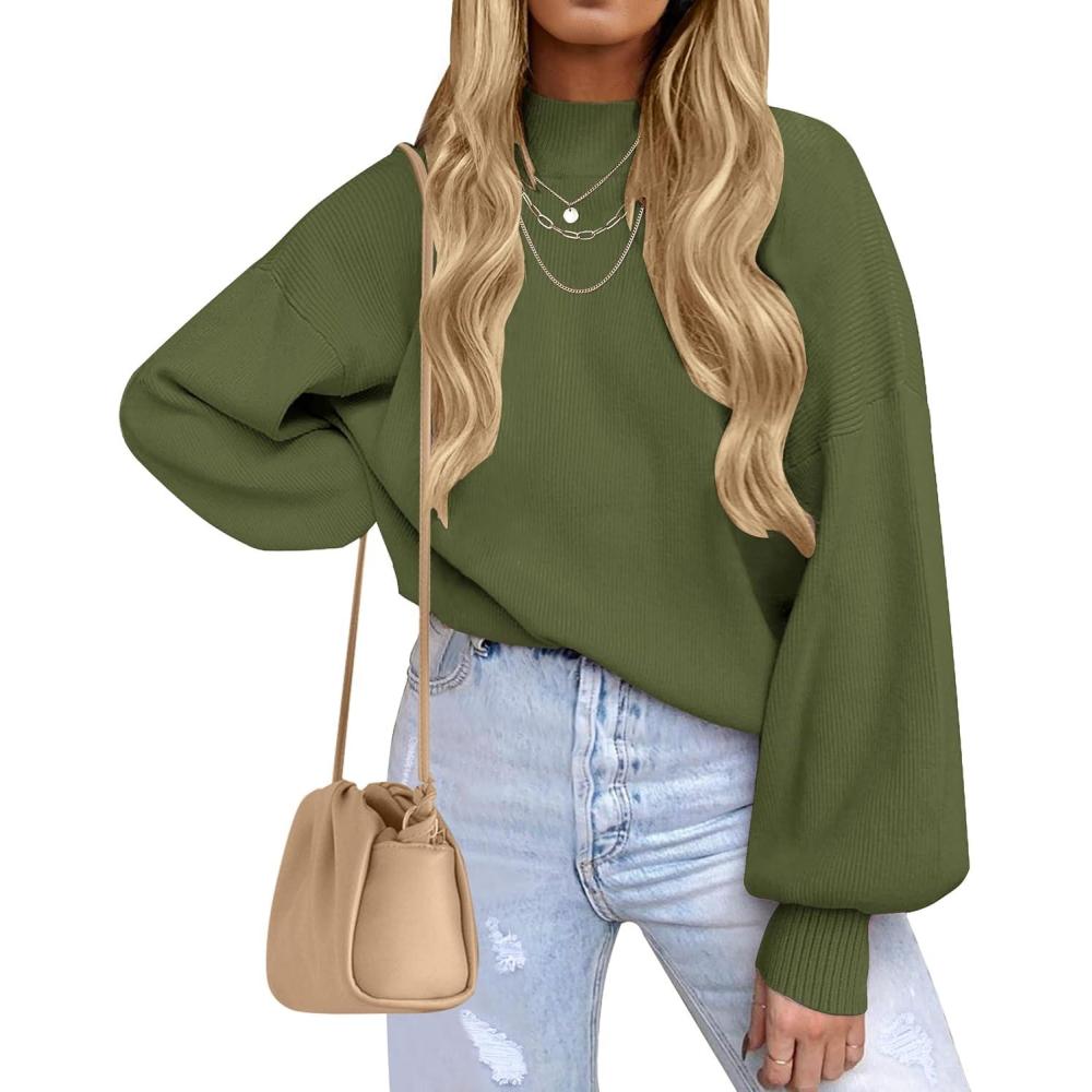 imageZESICA Womens Casual Turtleneck Long Lantern Sleeve Fall 2026 Oversized Ribbed Knit Pullover Sweater Jumper TopArmygreen