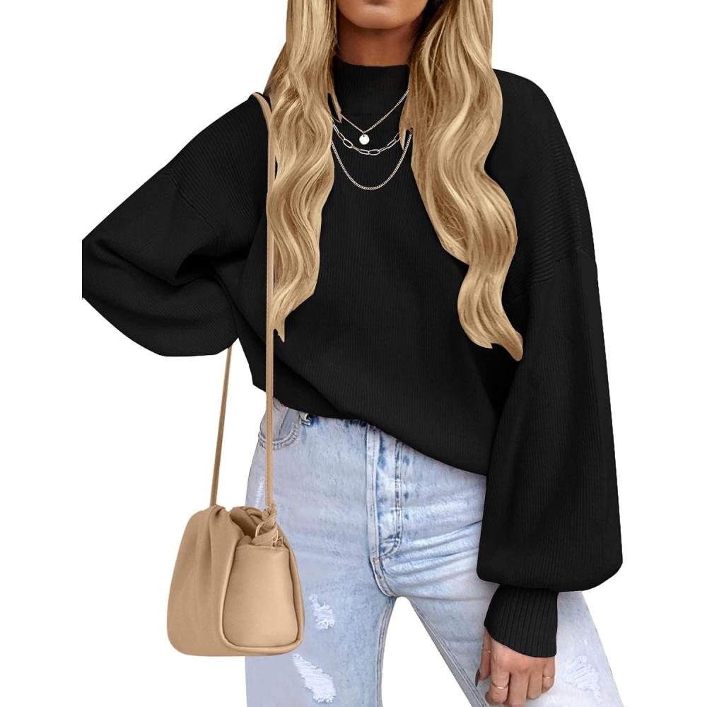 imageZESICA Womens Casual Turtleneck Long Lantern Sleeve Fall 2026 Oversized Ribbed Knit Pullover Sweater Jumper TopBlack