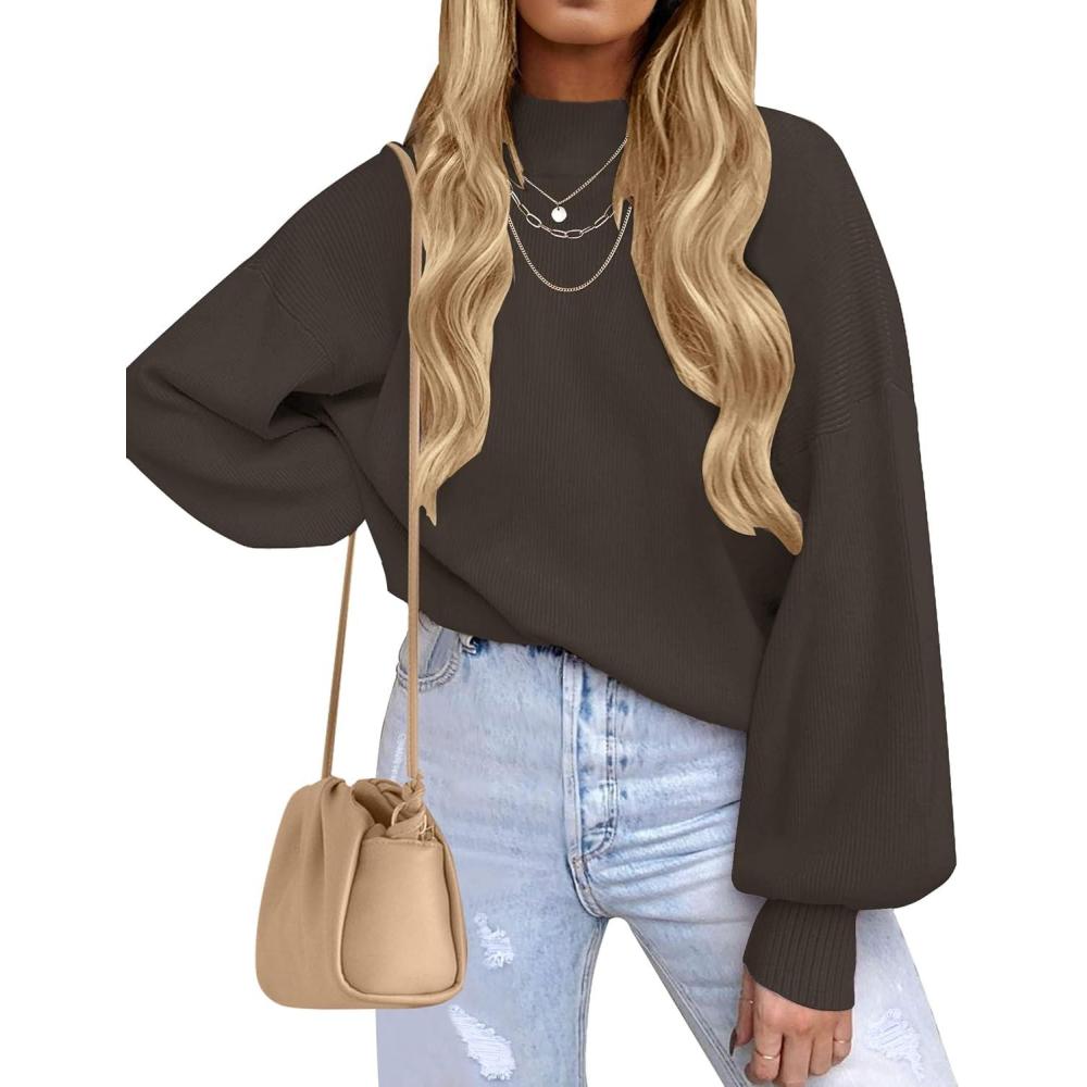 imageZESICA Womens Casual Turtleneck Long Lantern Sleeve Fall 2026 Oversized Ribbed Knit Pullover Sweater Jumper TopCoffee