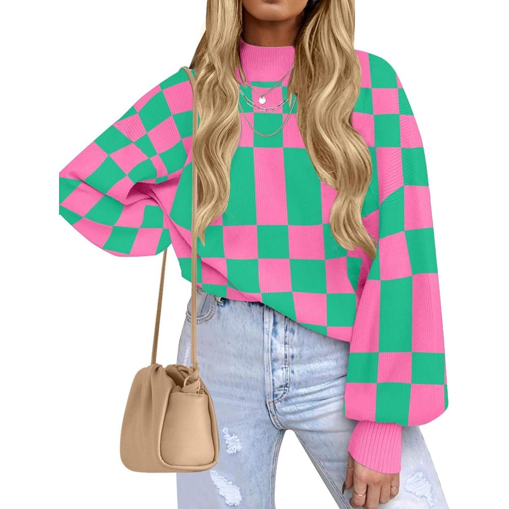 imageZESICA Womens Casual Turtleneck Long Lantern Sleeve Fall 2026 Oversized Ribbed Knit Pullover Sweater Jumper TopGreenplaid