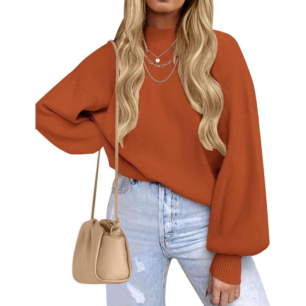 imageZESICA Womens Casual Turtleneck Long Lantern Sleeve Fall 2026 Oversized Ribbed Knit Pullover Sweater Jumper TopMaple