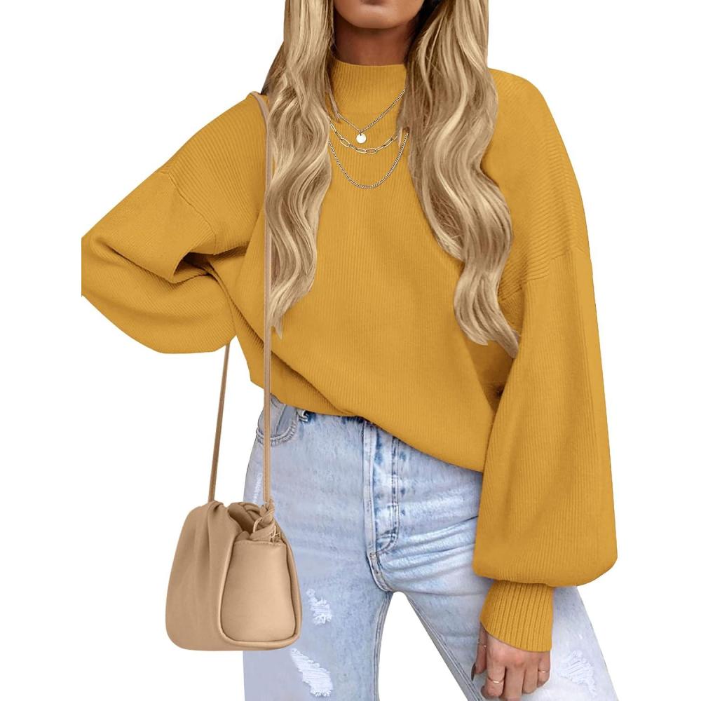 imageZESICA Womens Casual Turtleneck Long Lantern Sleeve Fall 2026 Oversized Ribbed Knit Pullover Sweater Jumper TopMustard