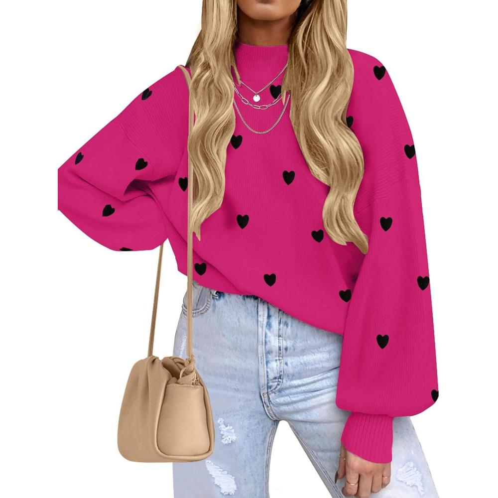 imageZESICA Womens Casual Turtleneck Long Lantern Sleeve Fall 2026 Oversized Ribbed Knit Pullover Sweater Jumper TopRoseblack