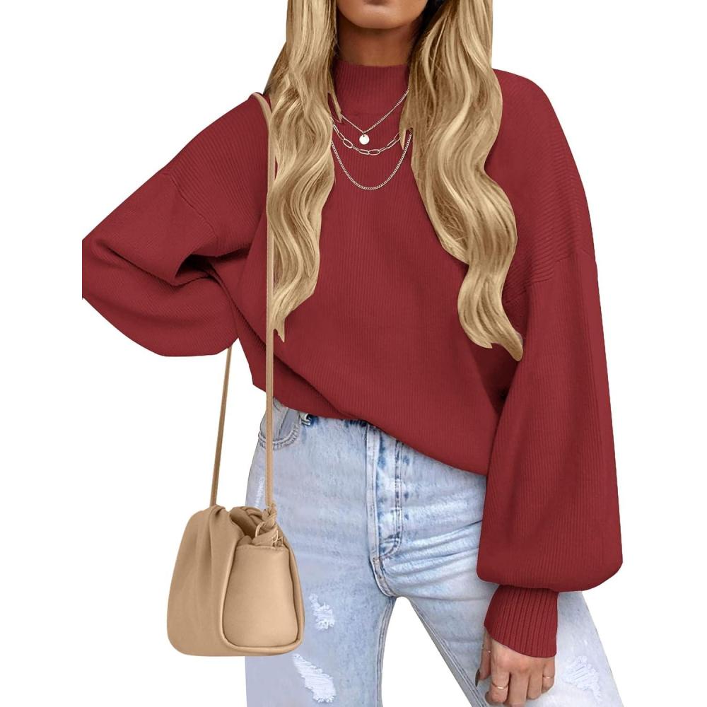 imageZESICA Womens Casual Turtleneck Long Lantern Sleeve Fall 2026 Oversized Ribbed Knit Pullover Sweater Jumper TopWine