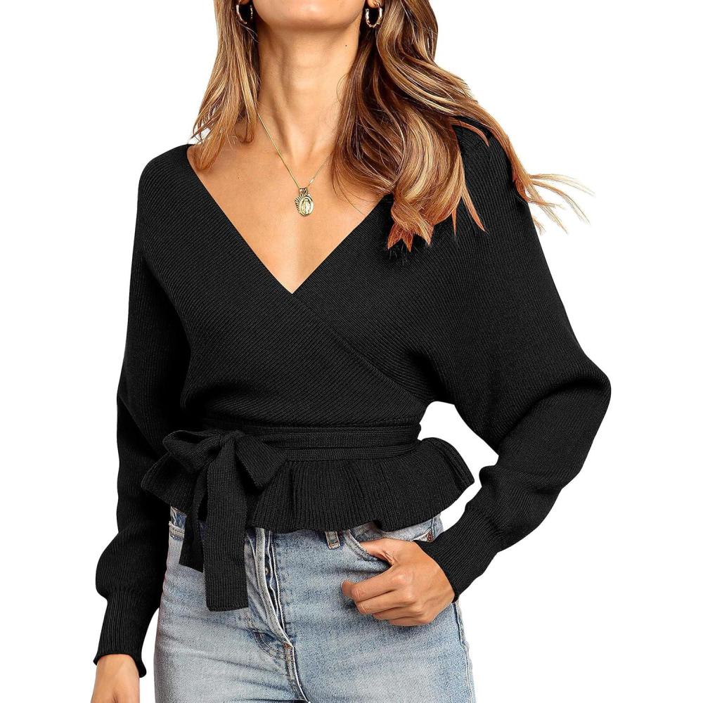 imageZESICA Womens Fall 2026 Wrap V Neck Long Batwing Sleeve Belted Waist Ruffle Knitted Sweater Pullover TopBlack