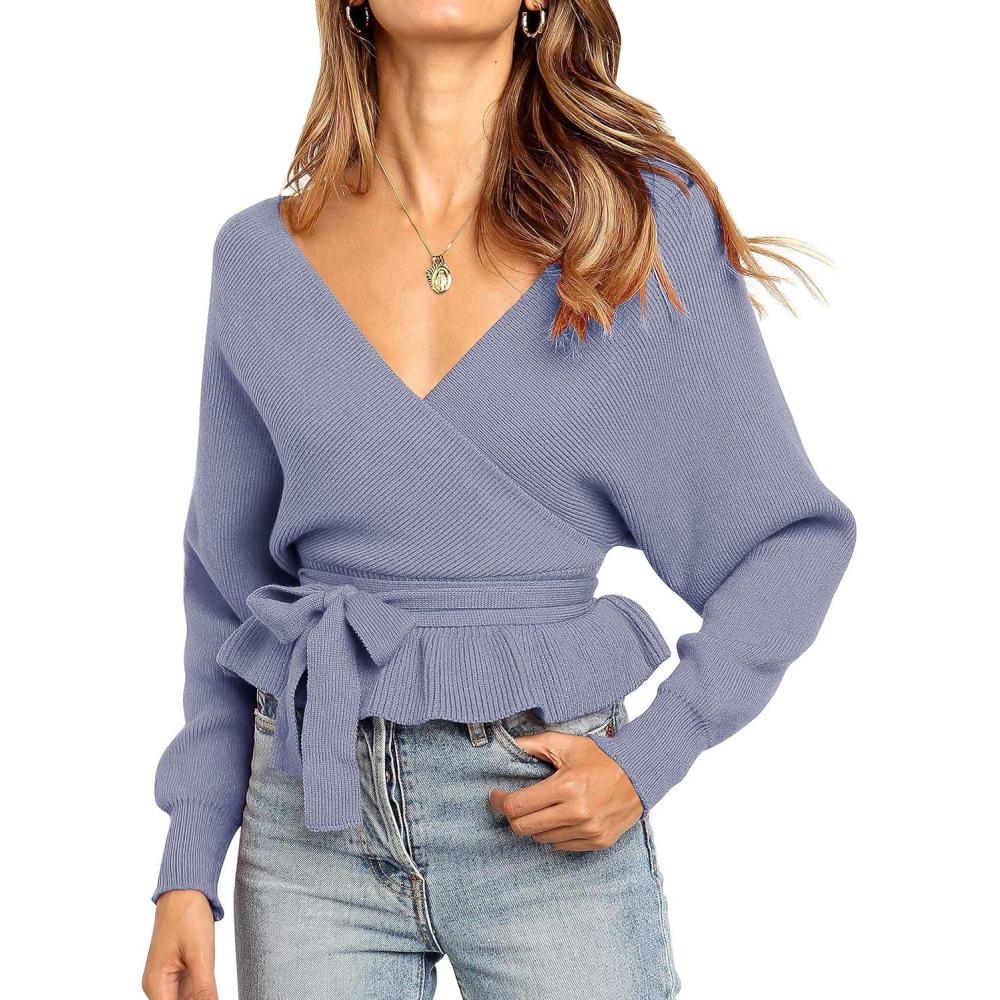 imageZESICA Womens Fall 2026 Wrap V Neck Long Batwing Sleeve Belted Waist Ruffle Knitted Sweater Pullover TopBlue