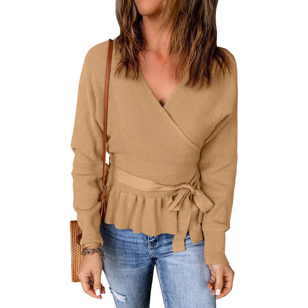 imageZESICA Womens Fall 2026 Wrap V Neck Long Batwing Sleeve Belted Waist Ruffle Knitted Sweater Pullover TopCamel