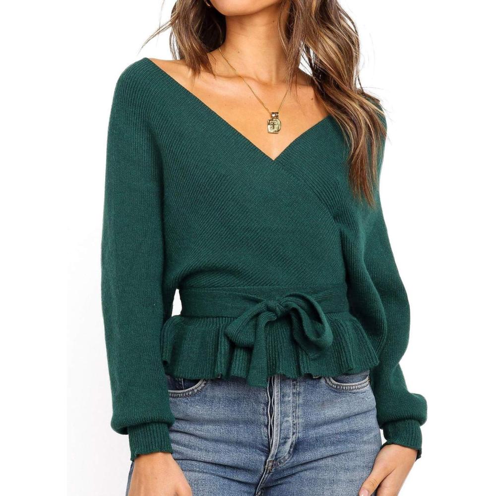imageZESICA Womens Fall 2026 Wrap V Neck Long Batwing Sleeve Belted Waist Ruffle Knitted Sweater Pullover TopGreen