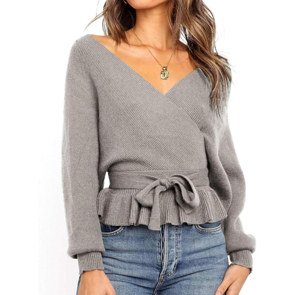 imageZESICA Womens Fall 2026 Wrap V Neck Long Batwing Sleeve Belted Waist Ruffle Knitted Sweater Pullover TopGrey