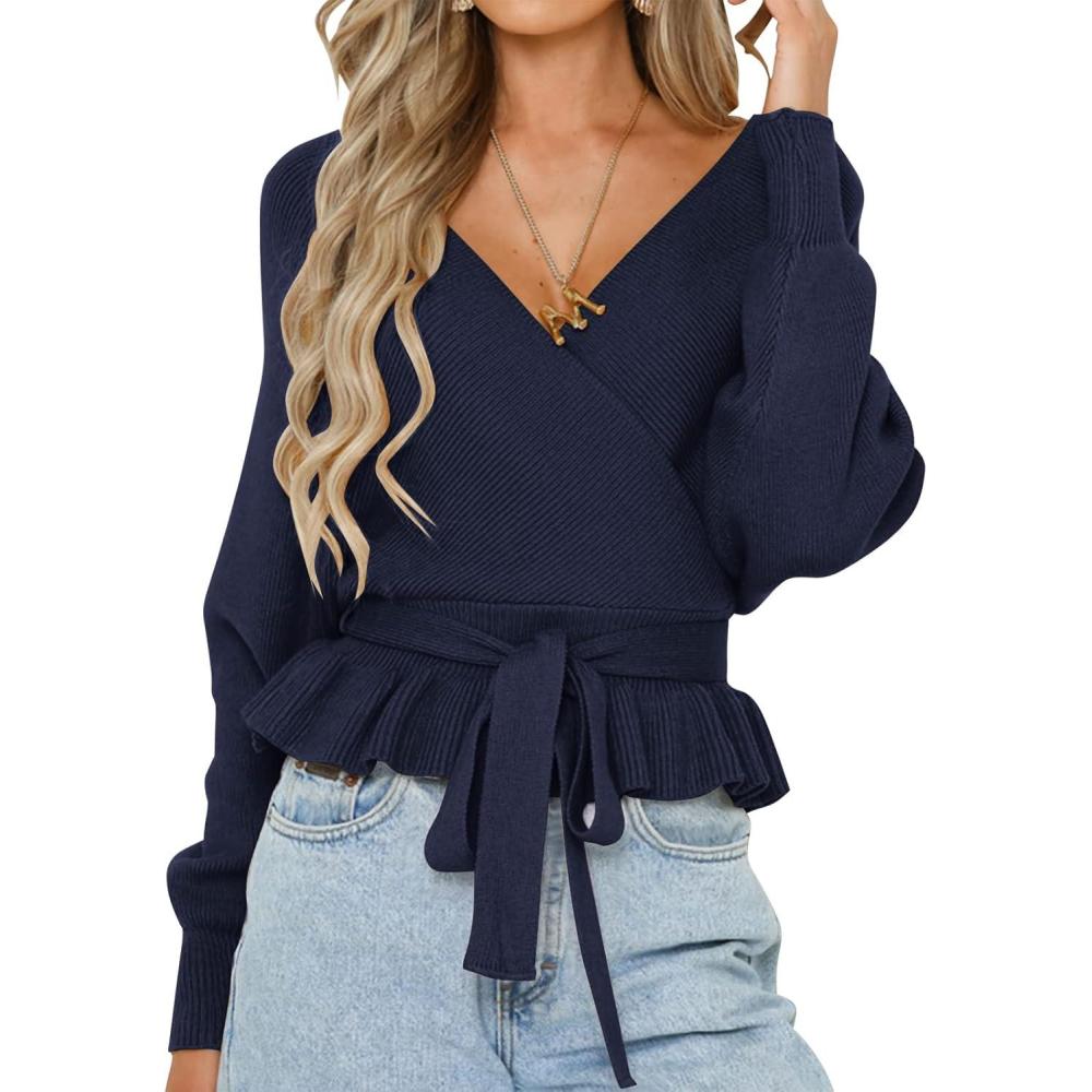 imageZESICA Womens Fall 2026 Wrap V Neck Long Batwing Sleeve Belted Waist Ruffle Knitted Sweater Pullover TopNavy