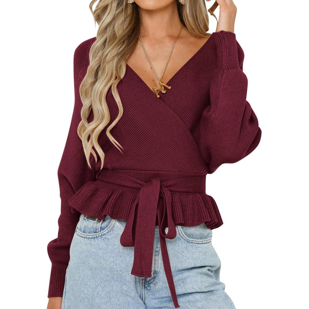 imageZESICA Womens Fall 2026 Wrap V Neck Long Batwing Sleeve Belted Waist Ruffle Knitted Sweater Pullover TopWine