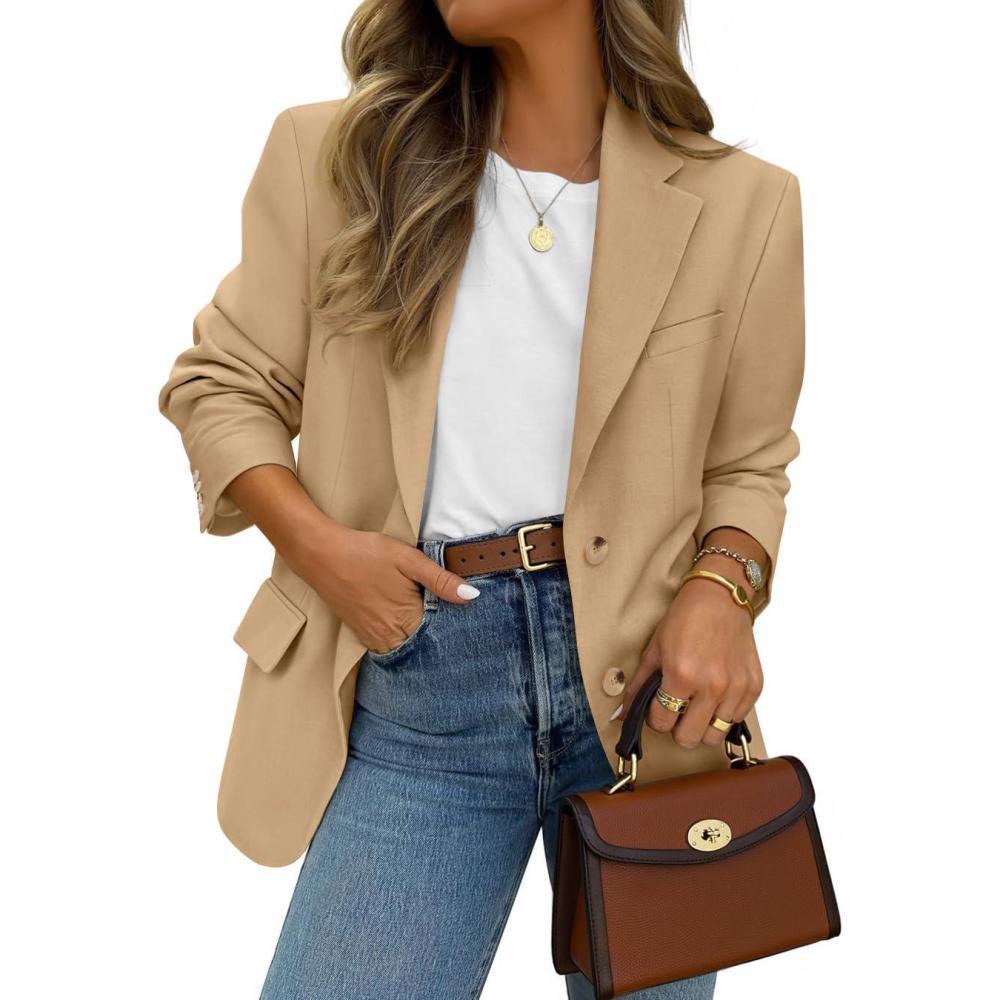 imageZESICA Womens Fall Business Casual Blazers 2025 Long Sleeve Open Front Lapel Collar Work Office Suit Jackets BlazerKhaki