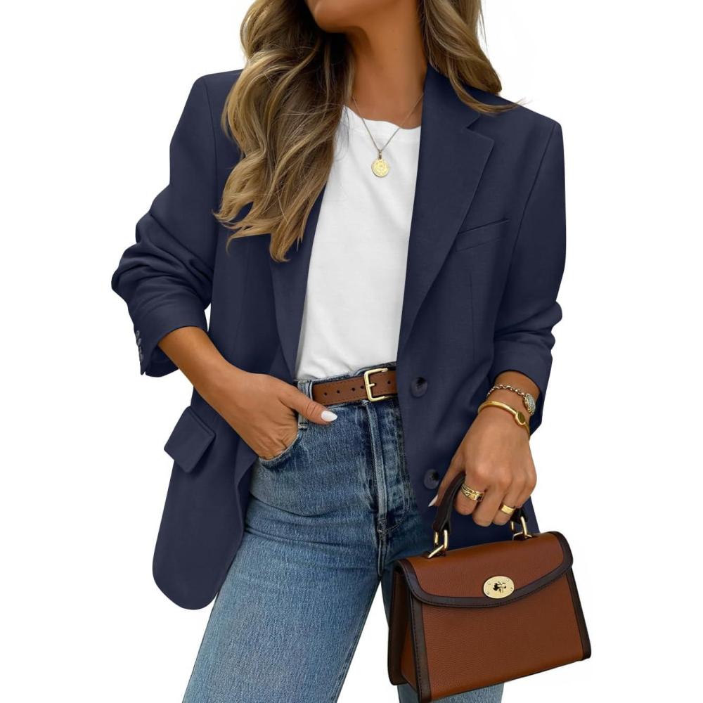imageZESICA Womens Fall Business Casual Blazers 2025 Long Sleeve Open Front Lapel Collar Work Office Suit Jackets BlazerNavy