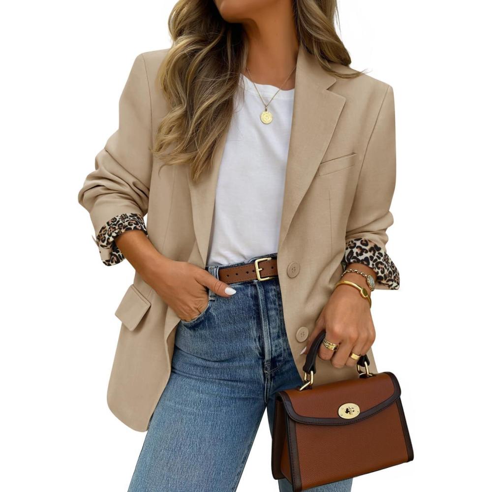 imageZESICA Womens Fall Business Casual Blazers 2026 Long Sleeve Lapel Open Front Button Work Blazer Jackets with PocketsKhaki