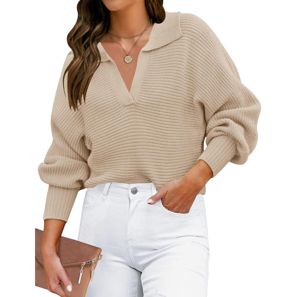 imageZESICA Womens Fall Lapel Collar V Neck Long Sleeve Ribbed Knit Comfy Loose Casual Pullover Sweater Jumper TopOatmeal