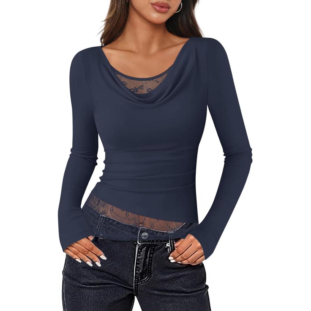 imageZESICA Womens Fall Long Sleeve Tops 2026 Casual Cowl Neck Lace Slim Fit Going Out Y2k Knit Shirts BlousesNavy